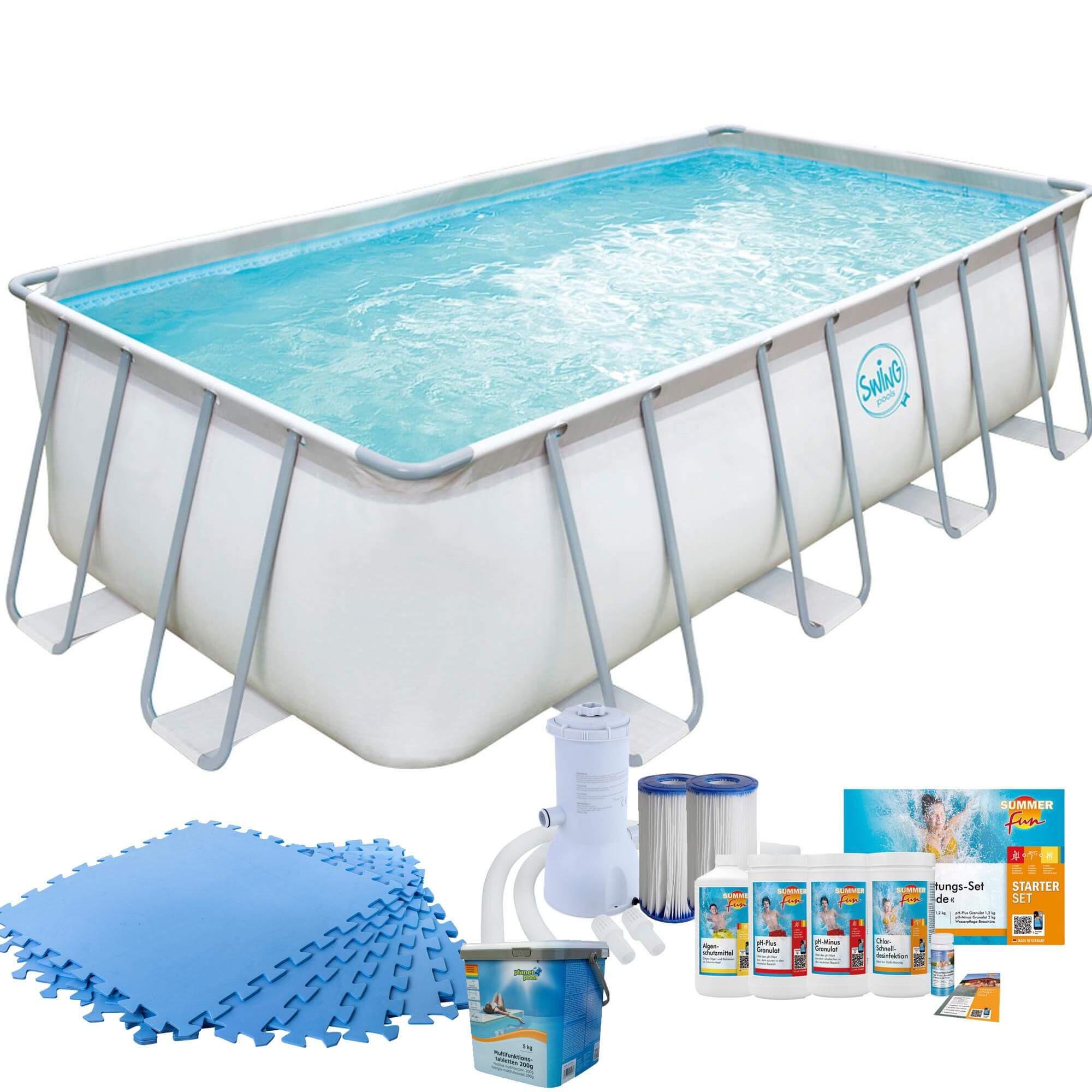 Polygroup Summer Waves Frame Pool mit Kartuschenfilter, Bodenschutzmatten blau und Starter Set Wasserpflege